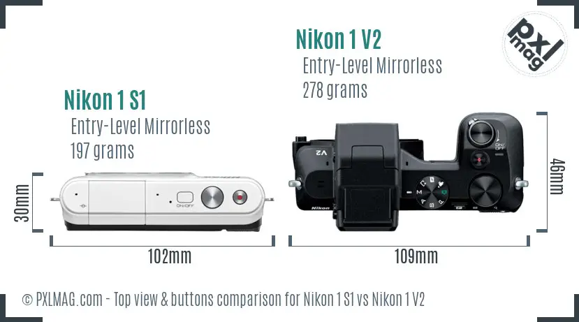Nikon 1 S1 vs Nikon 1 V2 top view buttons comparison
