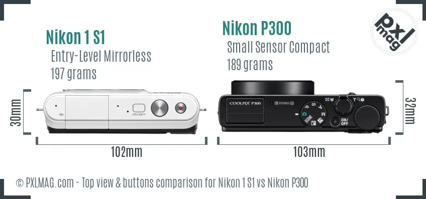 Nikon 1 S1 vs Nikon P300 top view buttons comparison Nikon 1 S1 vs Nikon P300 top view buttons comparison