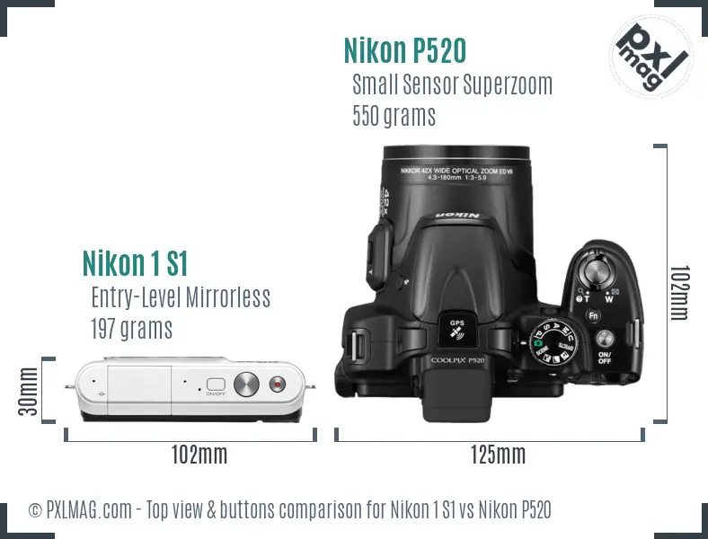 Nikon 1 S1 vs Nikon P520 top view buttons comparison