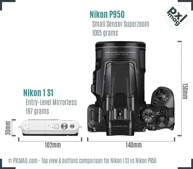 Nikon 1 S1 vs Nikon P950 top view buttons comparison Nikon 1 S1 vs Nikon P950 top view buttons comparison