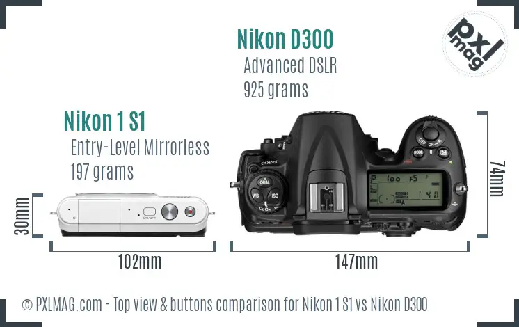 Nikon 1 S1 vs Nikon D300 top view buttons comparison