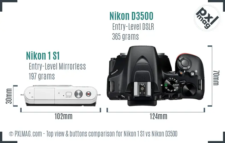 Nikon 1 S1 vs Nikon D3500 top view buttons comparison