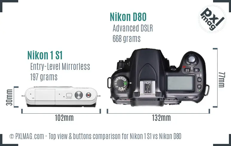 Nikon 1 S1 vs Nikon D80 top view buttons comparison