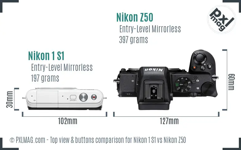 Nikon 1 S1 vs Nikon Z50 top view buttons comparison