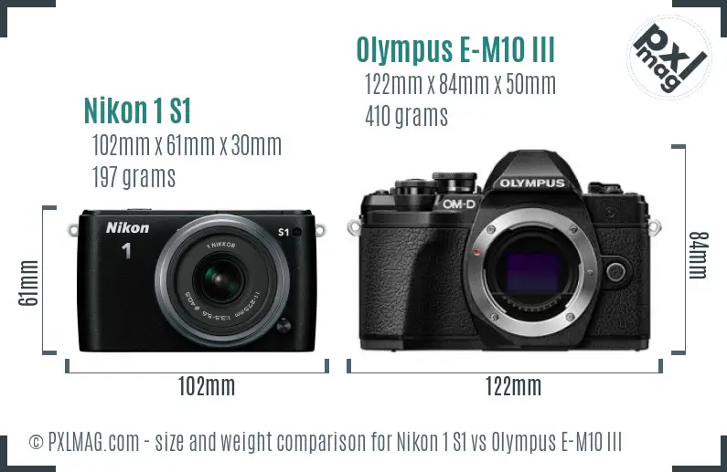 Nikon 1 S1 vs Olympus E-M10 III size comparison