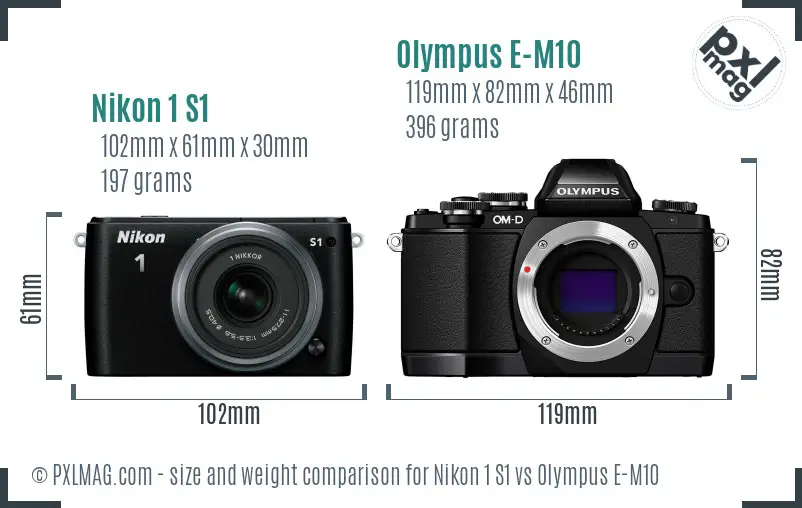Nikon 1 S1 vs Olympus E-M10 size comparison