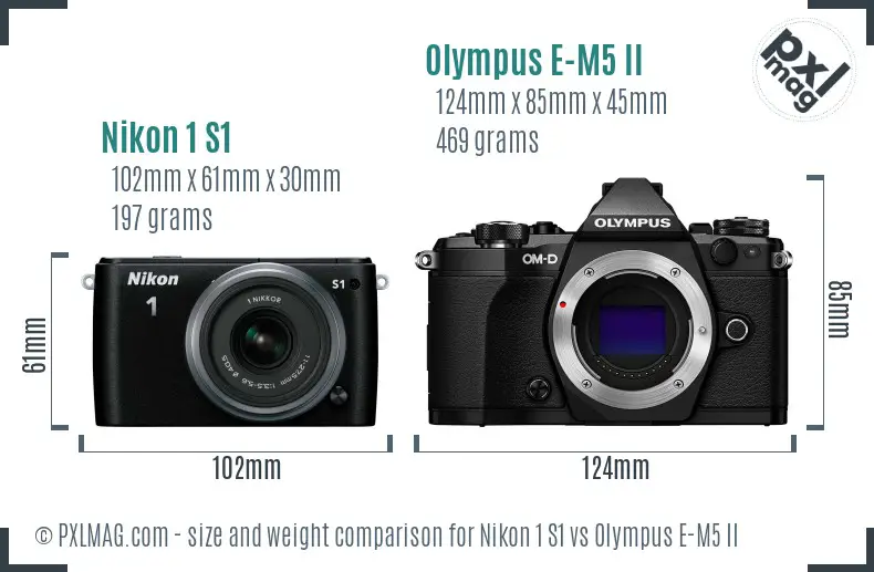 Nikon 1 S1 vs Olympus E-M5 II size comparison