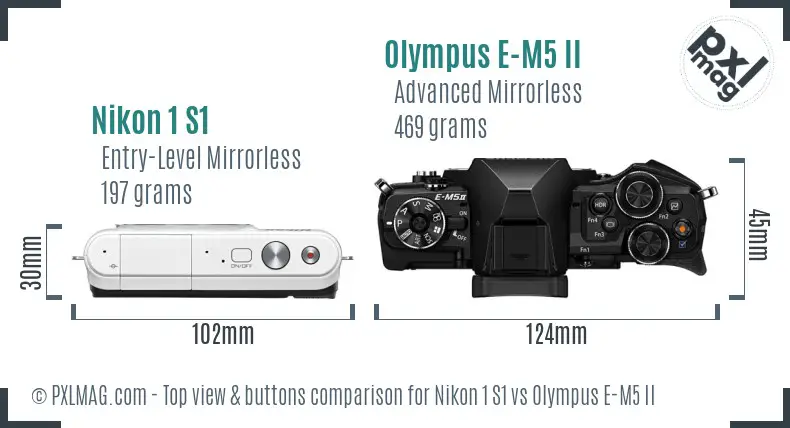Nikon 1 S1 vs Olympus E-M5 II top view buttons comparison