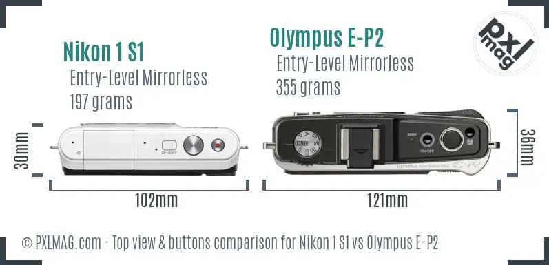 Nikon 1 S1 vs Olympus E-P2 top view buttons comparison