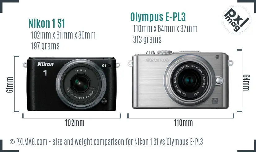 Nikon 1 S1 vs Olympus E-PL3 size comparison