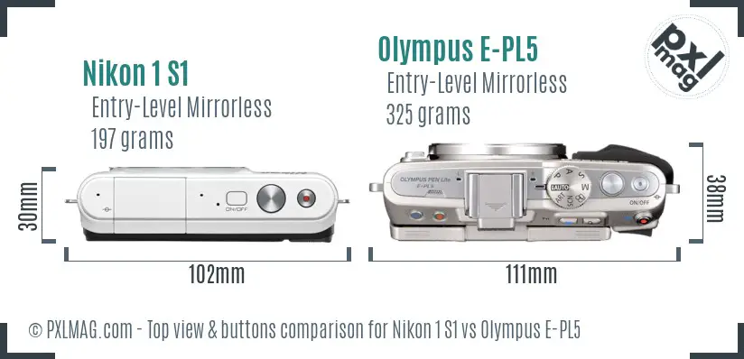 Nikon 1 S1 vs Olympus E-PL5 top view buttons comparison Nikon 1 S1 vs Olympus E-PL5 top view buttons comparison