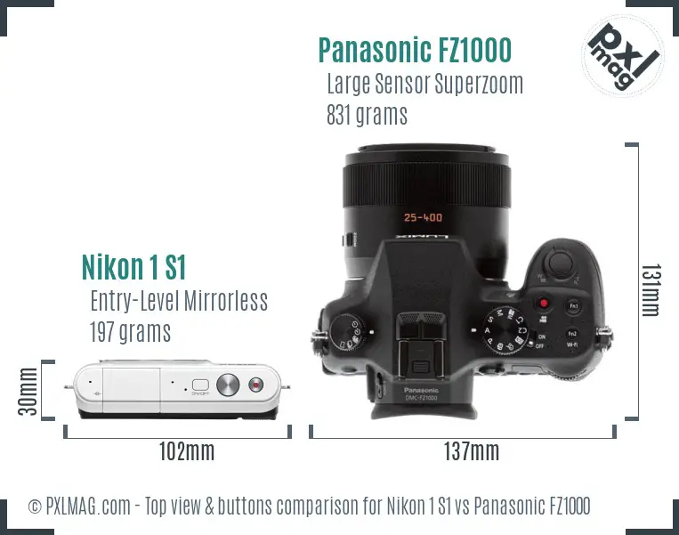 Nikon 1 S1 vs Panasonic FZ1000 top view buttons comparison Nikon 1 S1 vs Panasonic FZ1000 top view buttons comparison