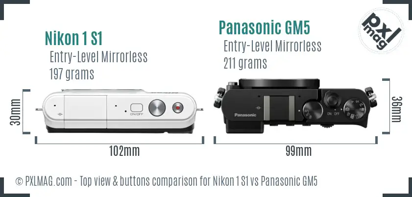 Nikon 1 S1 vs Panasonic GM5 top view buttons comparison