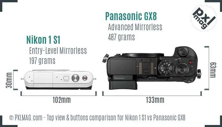 Nikon 1 S1 vs Panasonic GX8 top view buttons comparison