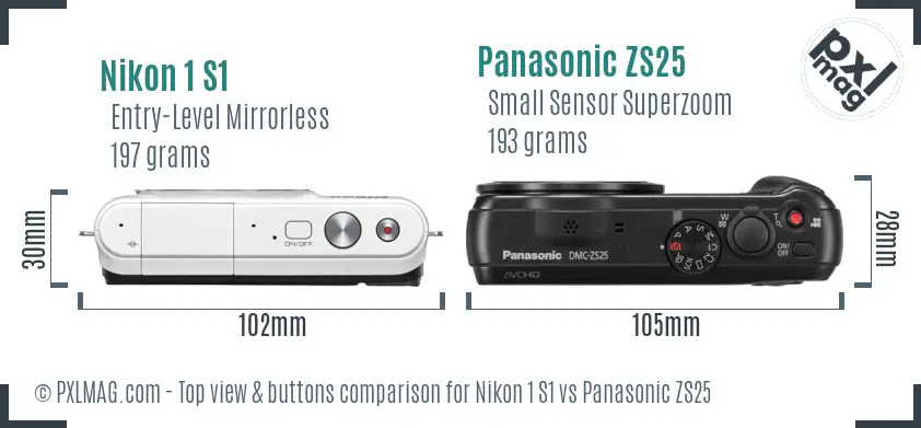Nikon 1 S1 vs Panasonic ZS25 top view buttons comparison