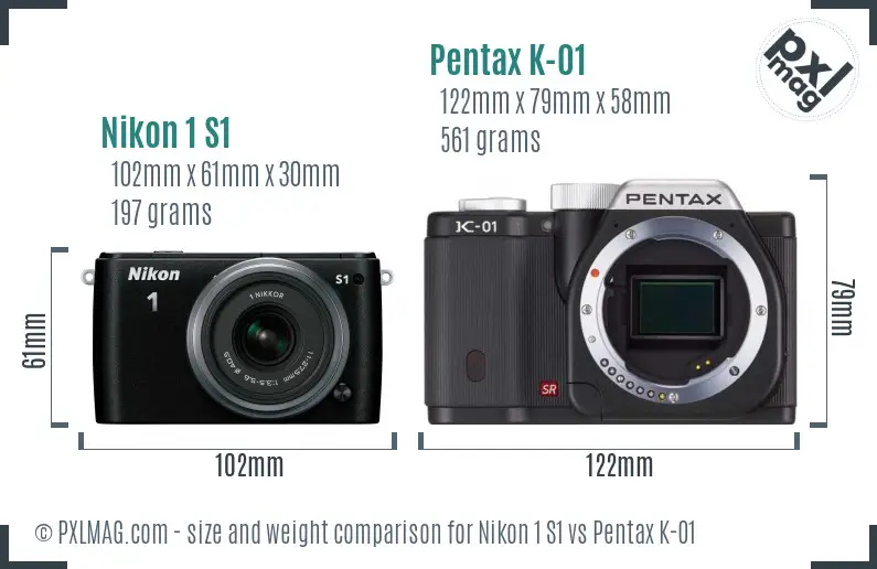 Nikon 1 S1 vs Pentax K-01 size comparison