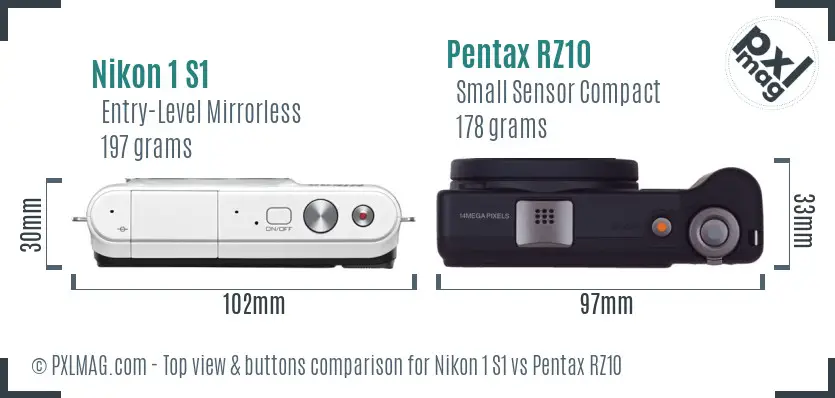 Nikon 1 S1 vs Pentax RZ10 top view buttons comparison