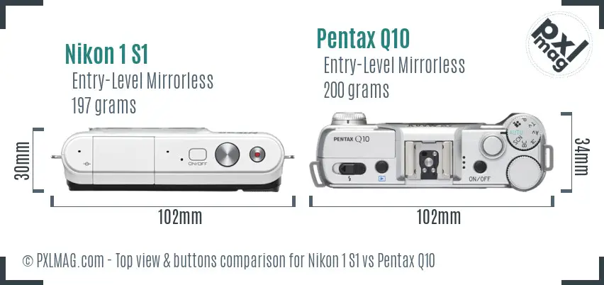 Nikon 1 S1 vs Pentax Q10 top view buttons comparison