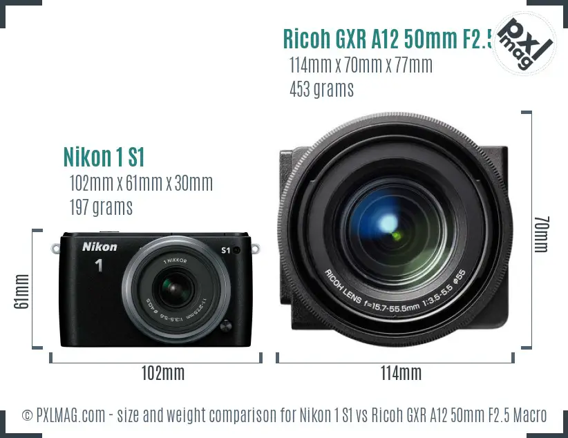 Nikon 1 S1 vs Ricoh GXR A12 50mm F2.5 Macro size comparison
