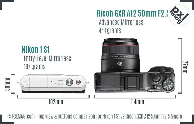 Nikon 1 S1 vs Ricoh GXR A12 50mm F2.5 Macro top view buttons comparison
