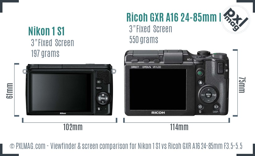 Nikon 1 S1 vs Ricoh GXR A16 24-85mm F3.5-5.5 Screen and Viewfinder comparison