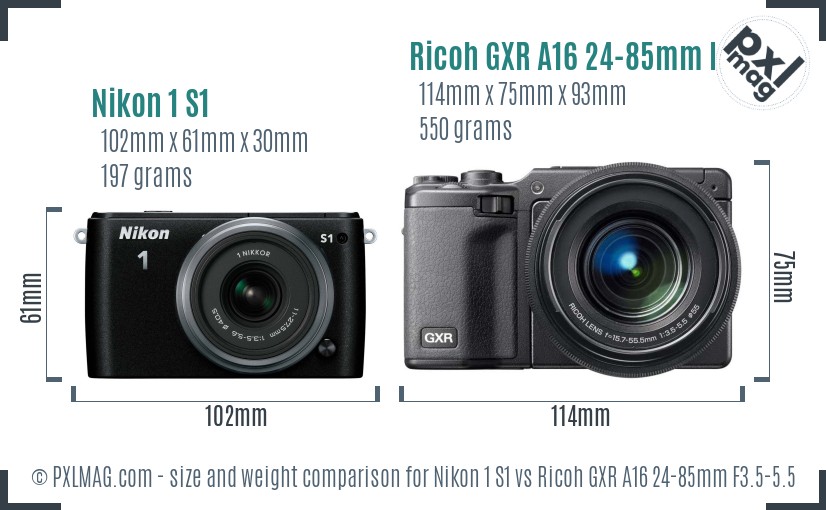 Nikon 1 S1 vs Ricoh GXR A16 24-85mm F3.5-5.5 size comparison