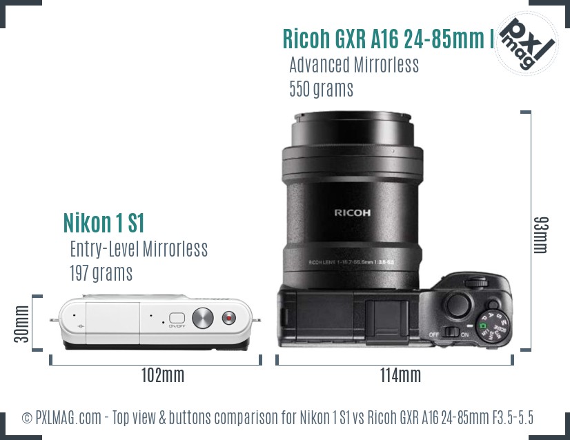 Nikon 1 S1 vs Ricoh GXR A16 24-85mm F3.5-5.5 top view buttons comparison
