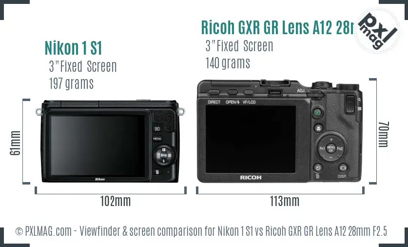 Nikon 1 S1 vs Ricoh GXR GR Lens A12 28mm F2.5 Screen and Viewfinder comparison