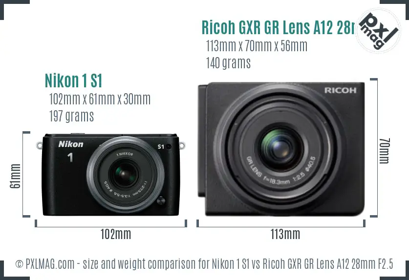 Nikon 1 S1 vs Ricoh GXR GR Lens A12 28mm F2.5 size comparison
