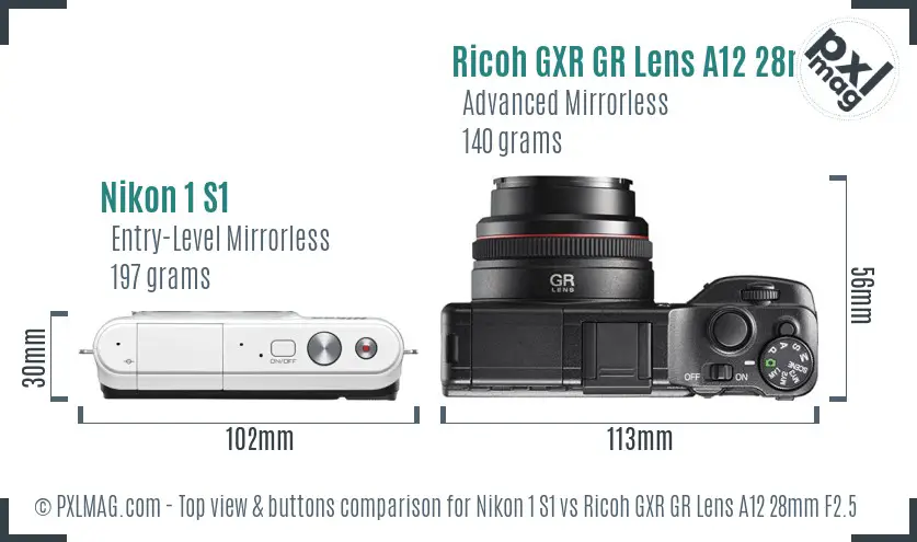 Nikon 1 S1 vs Ricoh GXR GR Lens A12 28mm F2.5 top view buttons comparison