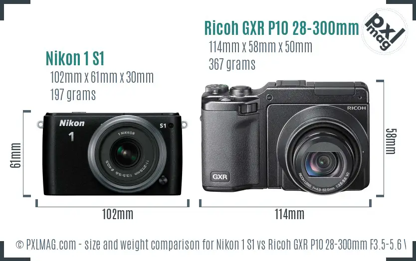 Nikon 1 S1 vs Ricoh GXR P10 28-300mm F3.5-5.6 VC size comparison