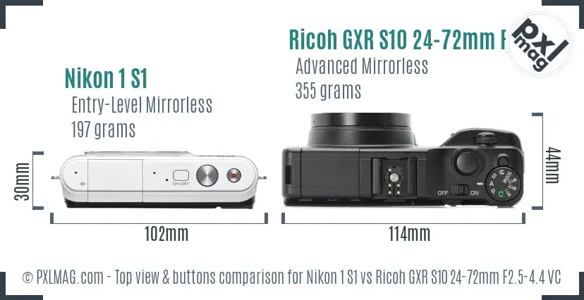 Nikon 1 S1 vs Ricoh GXR S10 24-72mm F2.5-4.4 VC top view buttons comparison