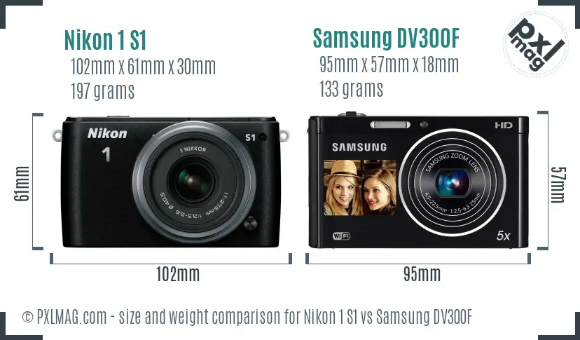 Nikon 1 S1 vs Samsung DV300F size comparison