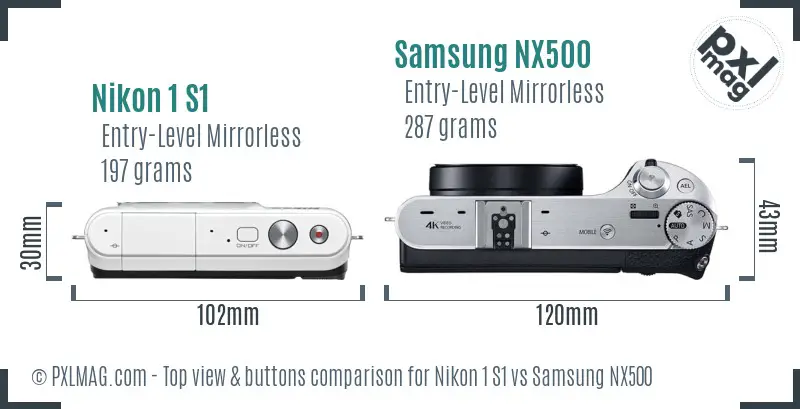 Nikon 1 S1 vs Samsung NX500 top view buttons comparison