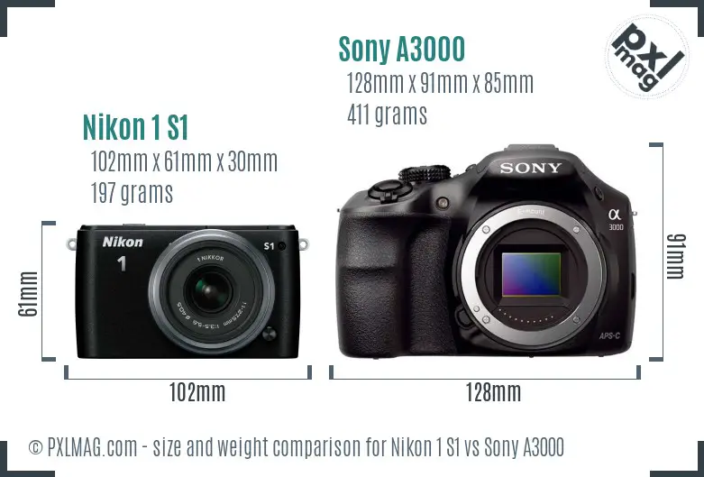 Nikon 1 S1 vs Sony A3000 size comparison