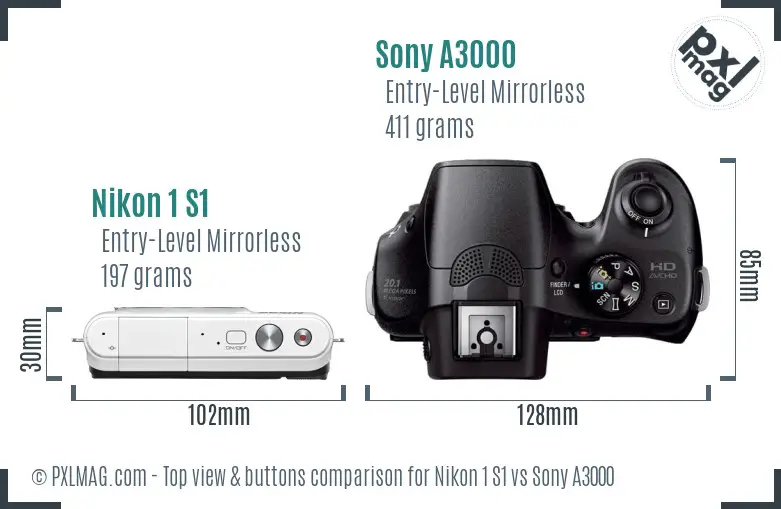 Nikon 1 S1 vs Sony A3000 top view buttons comparison
