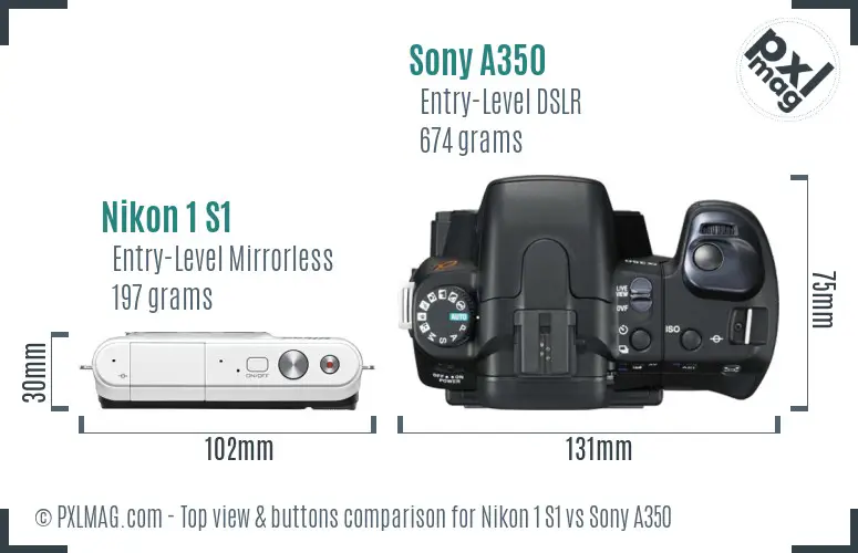 Nikon 1 S1 vs Sony A350 top view buttons comparison