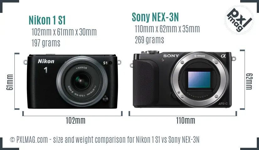 Nikon 1 S1 vs Sony NEX-3N size comparison