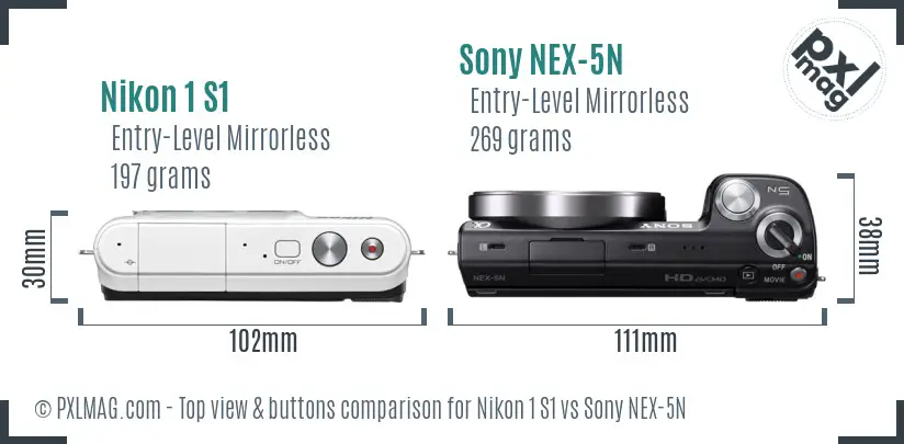 Nikon 1 S1 vs Sony NEX-5N top view buttons comparison