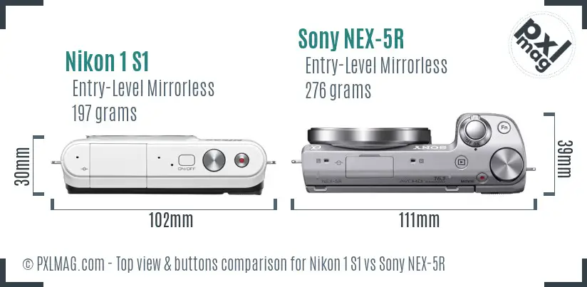 Nikon 1 S1 vs Sony NEX-5R top view buttons comparison