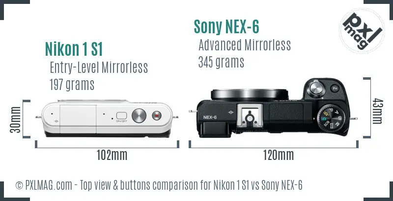 Nikon 1 S1 vs Sony NEX-6 top view buttons comparison