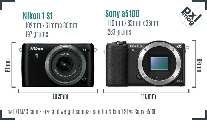 Nikon 1 S1 vs Sony a5100 size comparison