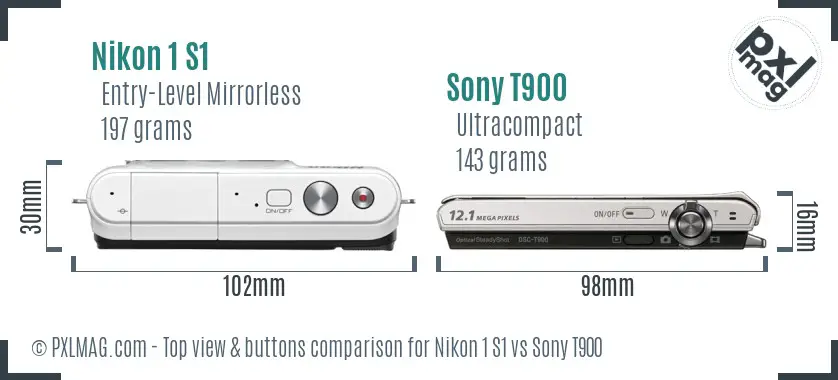 Nikon 1 S1 vs Sony T900 top view buttons comparison