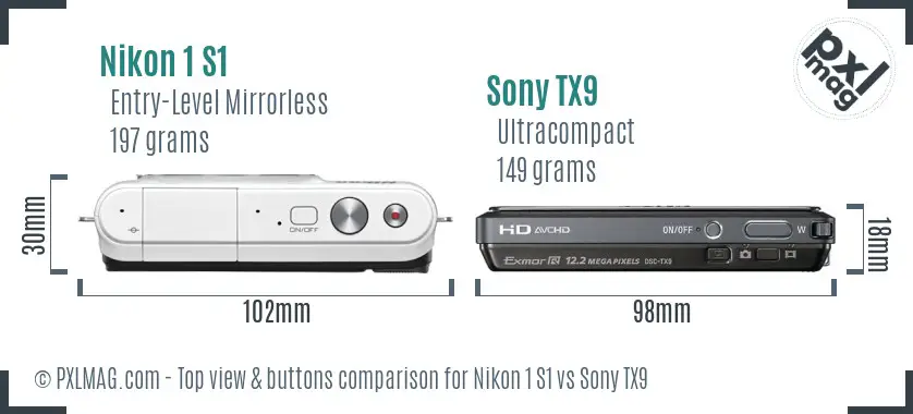 Nikon 1 S1 vs Sony TX9 top view buttons comparison