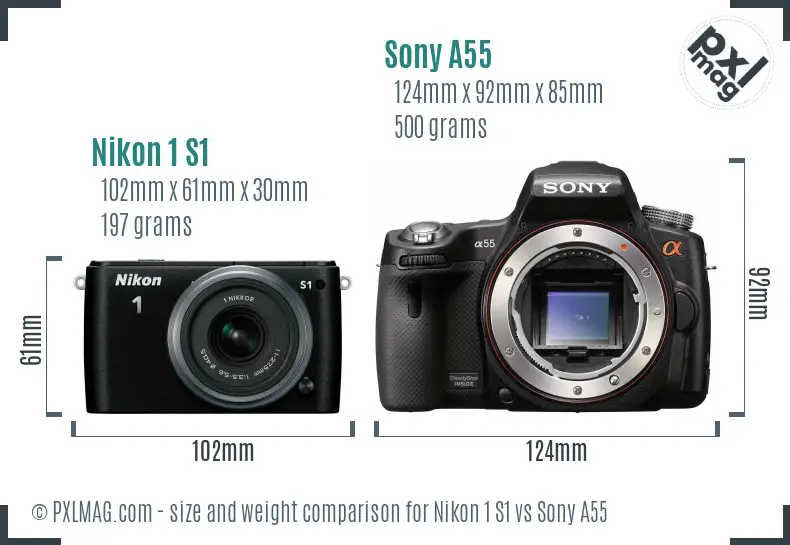 Nikon 1 S1 vs Sony A55 size comparison