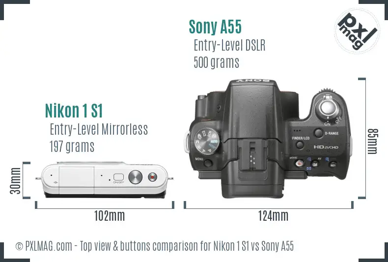 Nikon 1 S1 vs Sony A55 top view buttons comparison