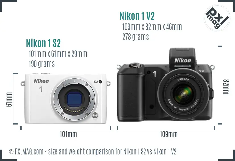Nikon 1 S2 vs Nikon 1 V2 size comparison