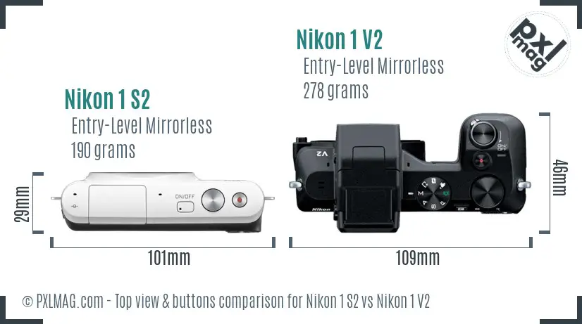 Nikon 1 S2 vs Nikon 1 V2 top view buttons comparison