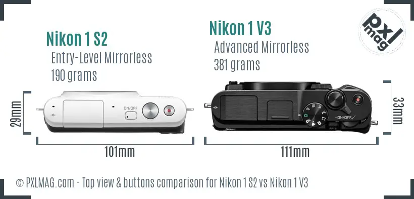 Nikon 1 S2 vs Nikon 1 V3 top view buttons comparison