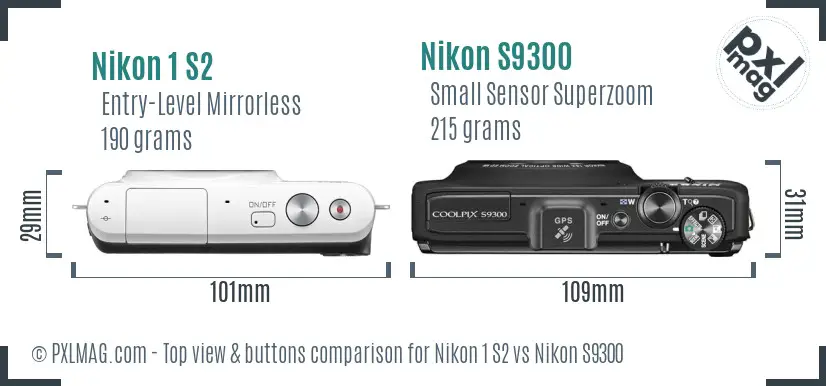 Nikon 1 S2 vs Nikon S9300 top view buttons comparison Nikon 1 S2 vs Nikon S9300 top view buttons comparison